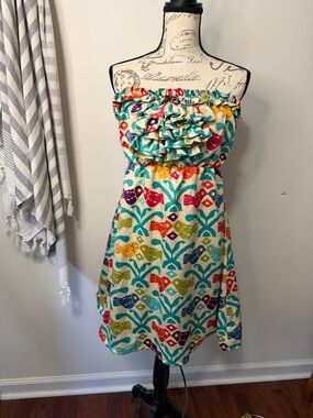 Judith March Cream Floral Strapless Dress with Aqua Trim size Large